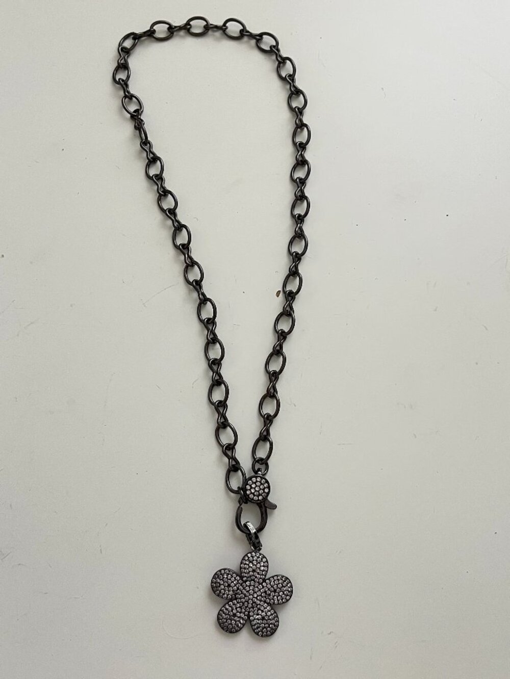 Boutique Pave Crystal Flower Pendant Dark Gunmetal Chain Link Carabiner Necklace